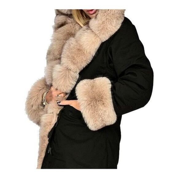 ASA Fashion Group Black and Cream Teddy Jacket Plush Trim and Hood - Picture 2 of 8